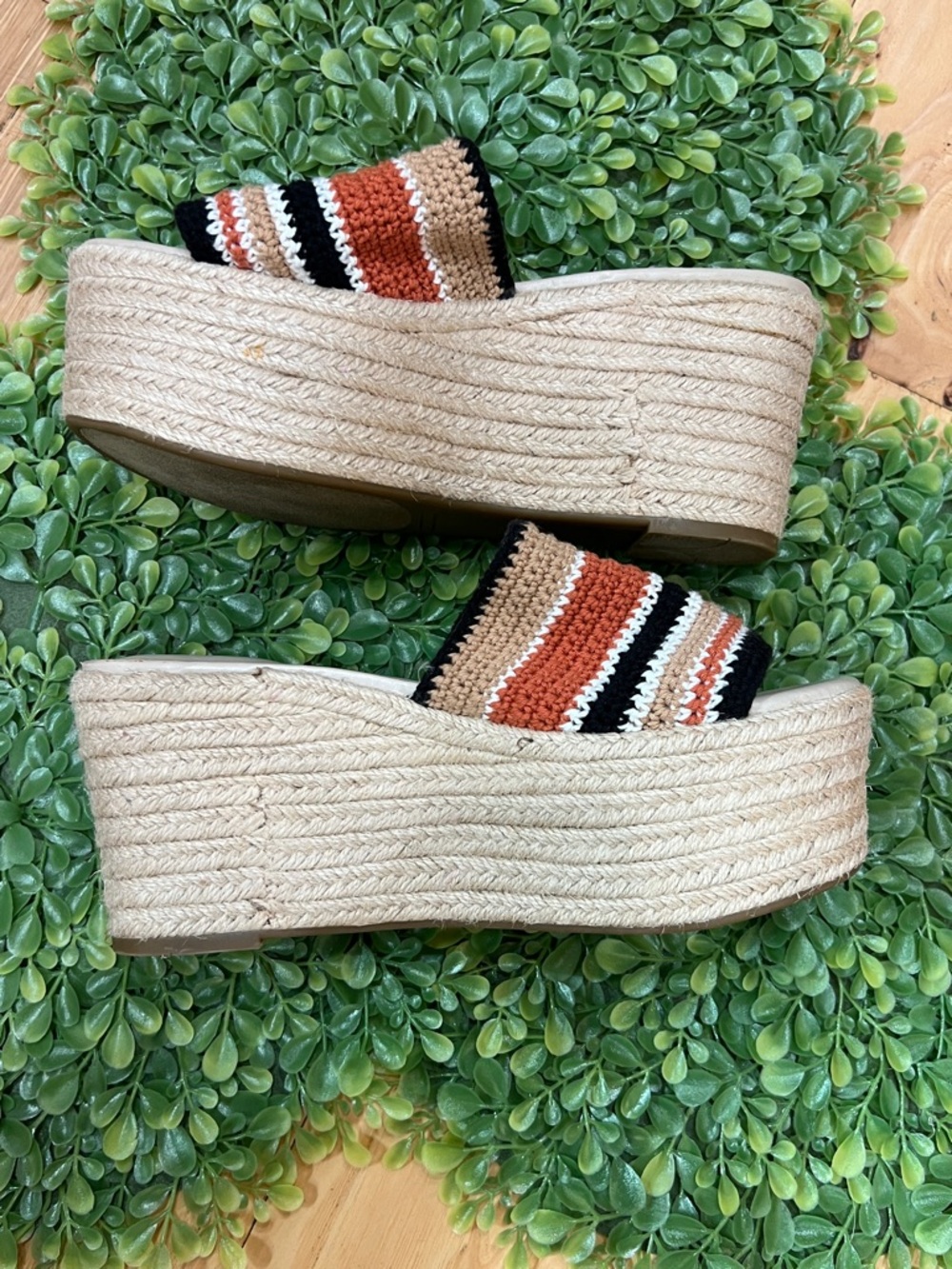 Marc Fisher Striped Woven Platform Slide Sandals - Tan/Black/White/Rust